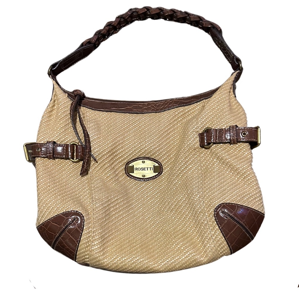 Rosetti tan and brown shoulder bag with braided handle.